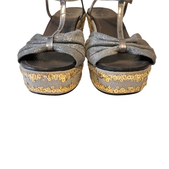 Tory Burch Declan 2 T Strap Sequin Wedges - Picture 4 of 10